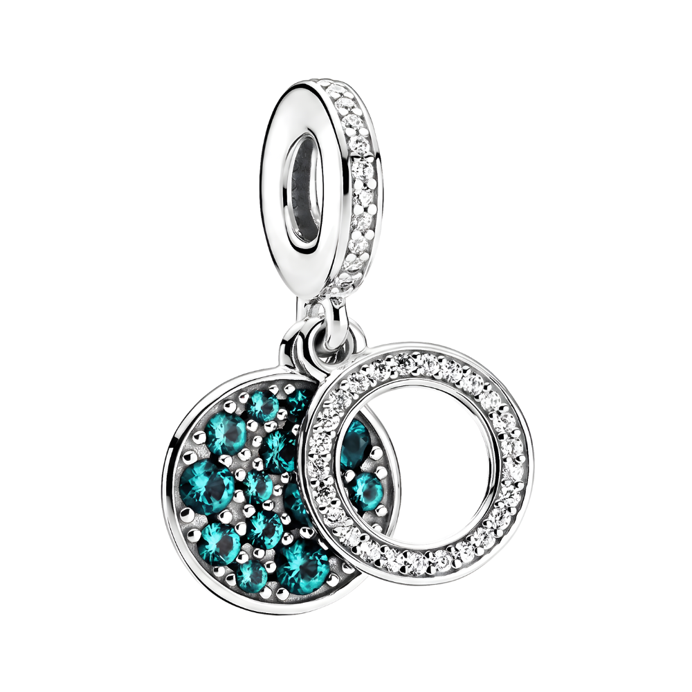 Teal Sparkling Double Circle Dangle Charm featuring teal pavé stones and sparkling clear edges.