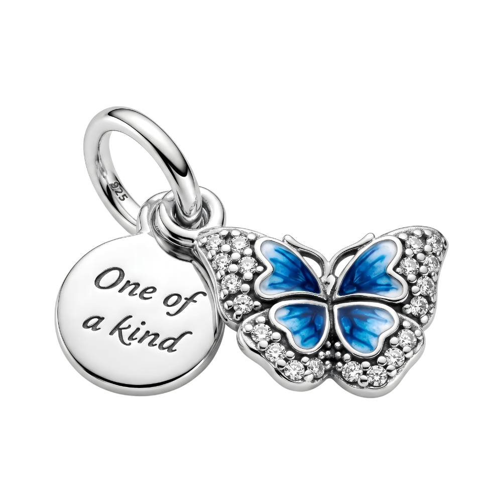 One of a Kind Sparkling Blue Butterfly Pendant with shimmering wings and engraved disc