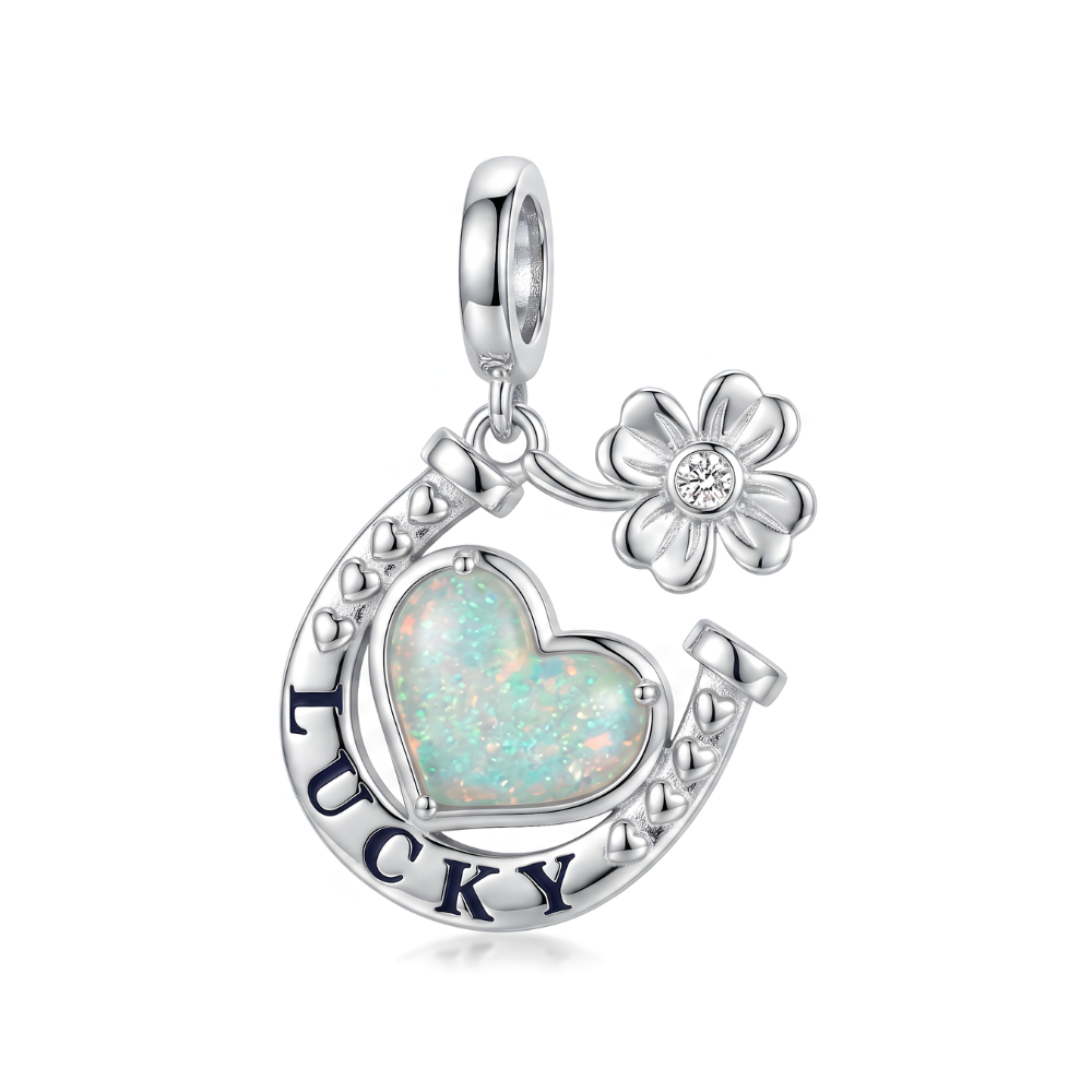 Lucky Horseshoe Opal Heart Clover Dangle Charm with shimmering heart and sparkling crystal flower.