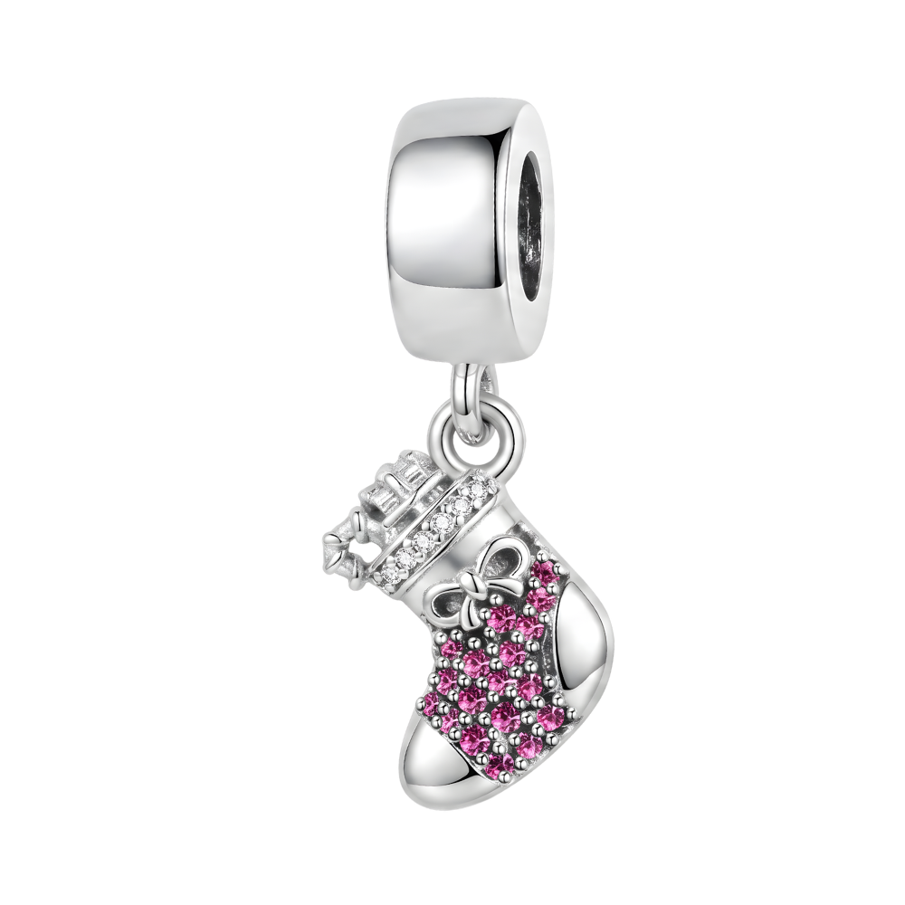 Pink Sparkling Christmas Stocking Dangle Charm featuring pink pavé crystals and polished silver details.