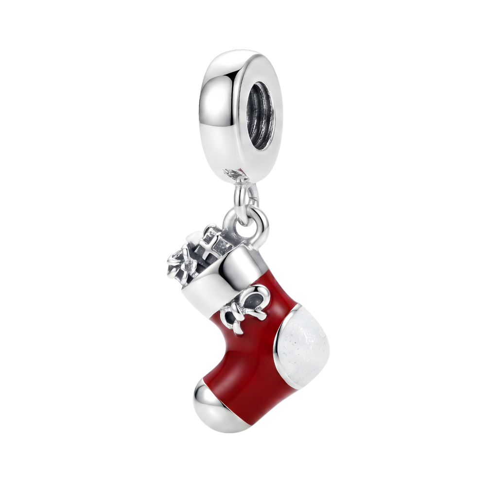 Red Christmas Stocking Dangle Charm with silver accents and gifts, perfect for holiday celebrations.