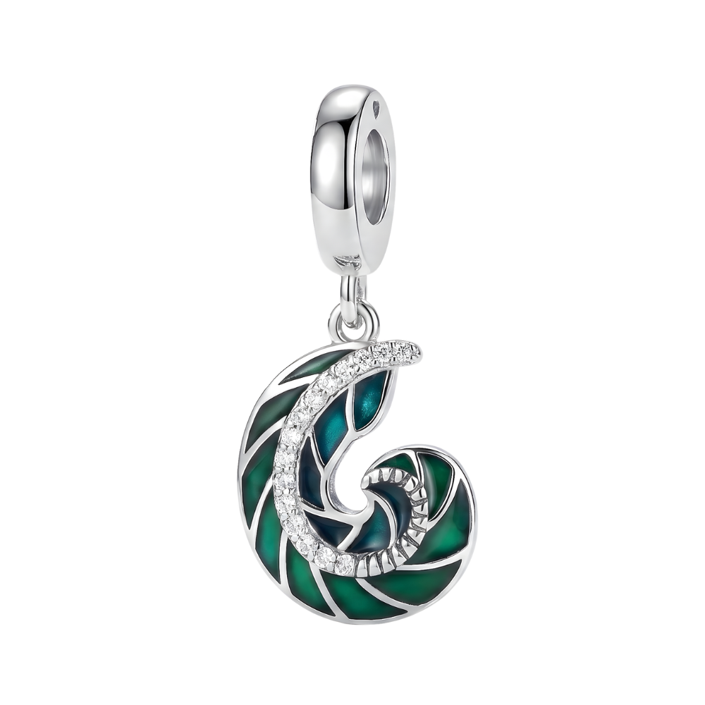 Teal Curling Leaf Sparkling Dangle Charm featuring detailed teal and green enamel with sparkling pavé crystal accents.