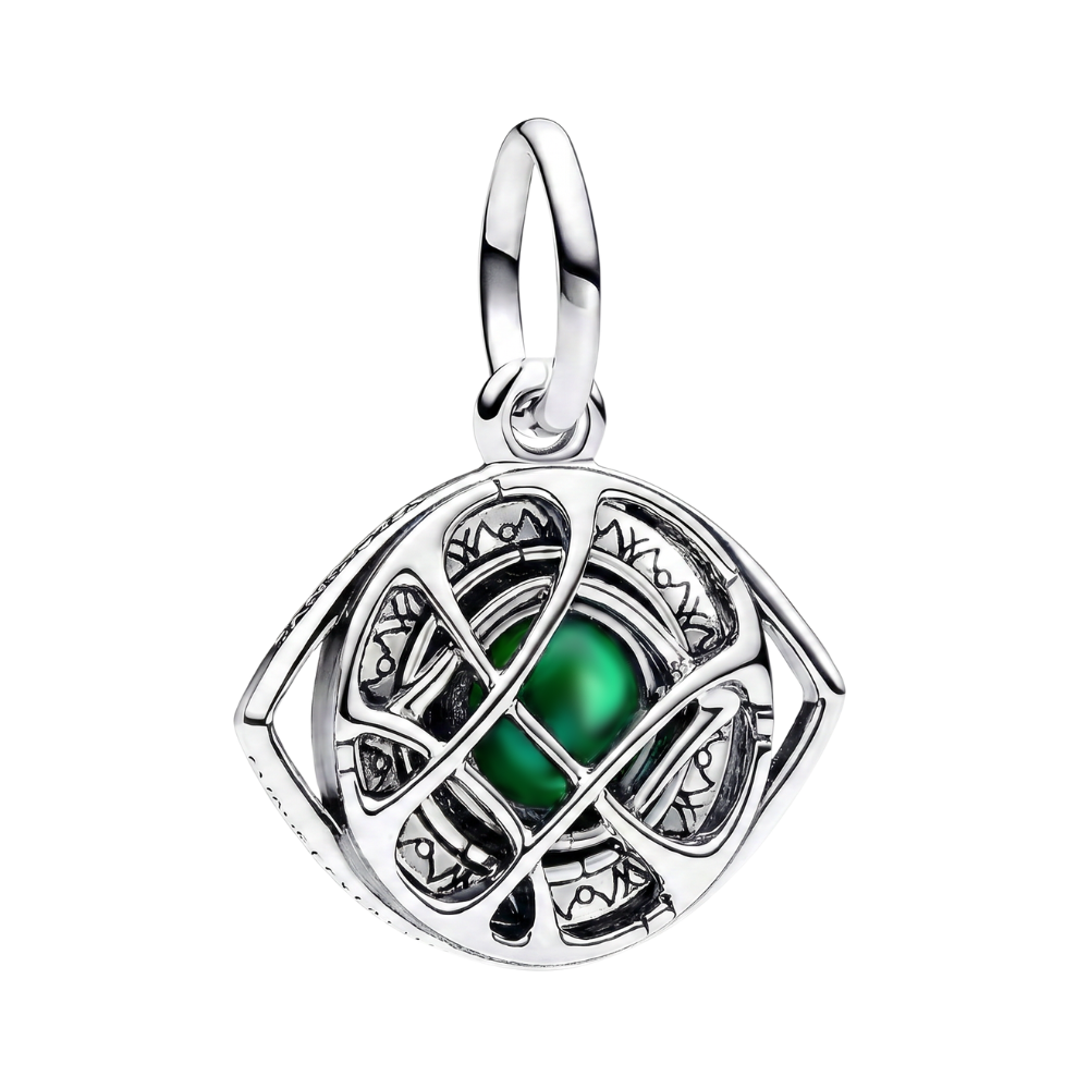 Marvel Doctor Strange Eye of Agamotto Pendant featuring a silver cage with a green stone inside.