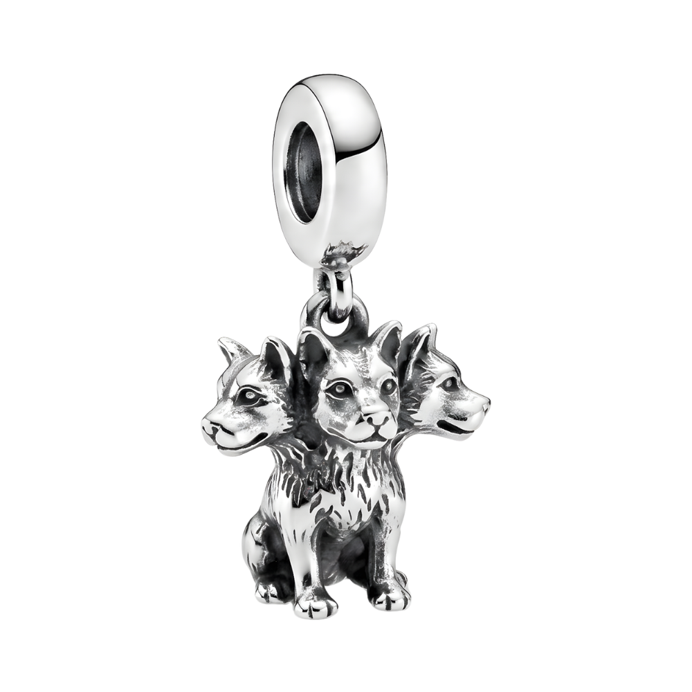 Harry Potter Fluffy Three Headed Dog Charm in intricately detailed oxidized silver, featuring three dog heads.