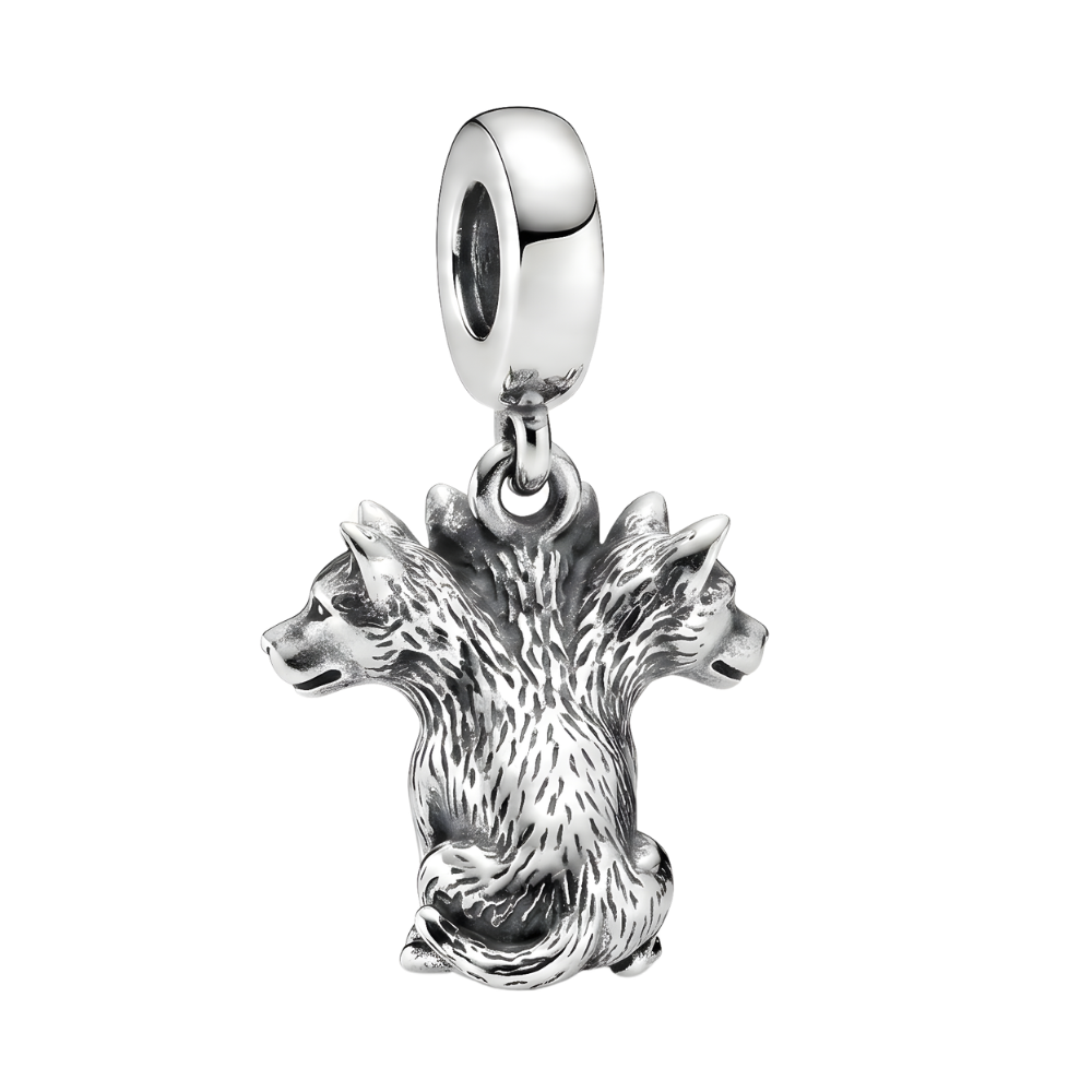 Harry Potter Fluffy Three Headed Dog Charm, detailed charm of Fluffy with three heads in oxidised silver.