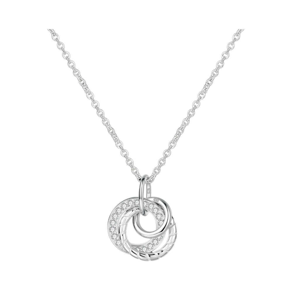 Sparkling Interlinked Circle Silver Necklace 50cm featuring two interlinked circles on a delicate silver chain.