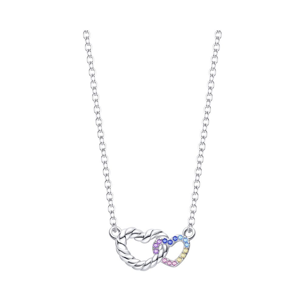 Rainbow Sparkling Interlinked Hearts Necklace featuring twisted silver hearts and colorful pavé accents.