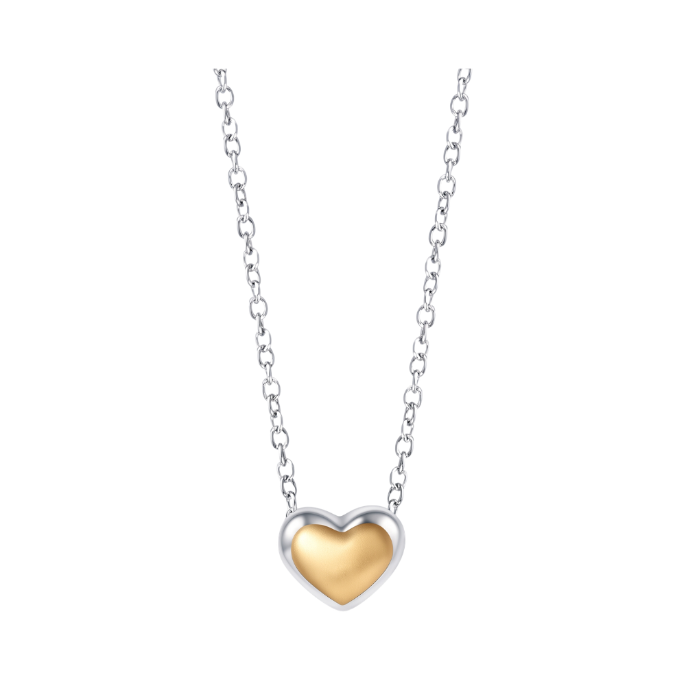 Gold Heart Pendant Necklace featuring a small puffy gold heart in a silver frame on a delicate silver chain.