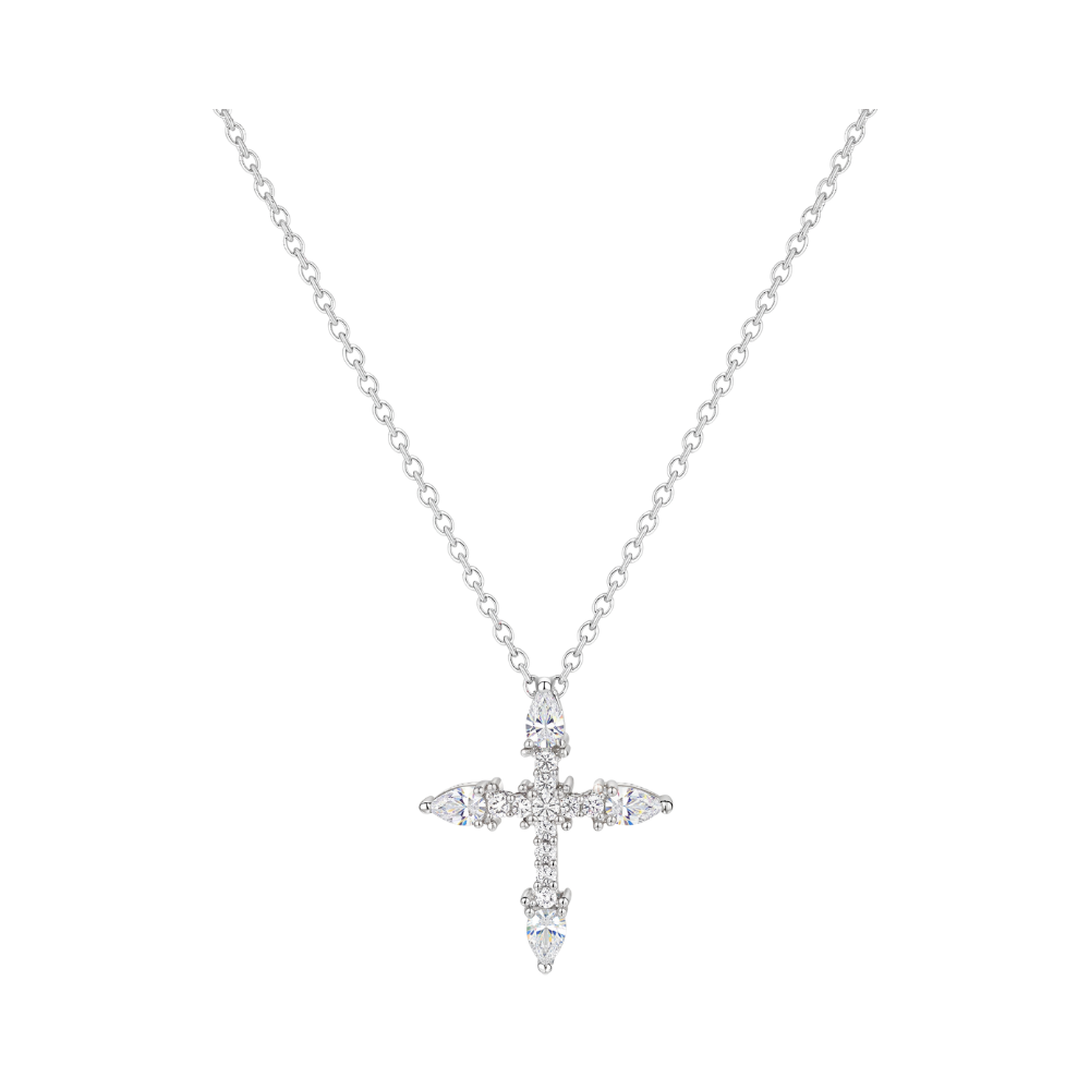 Sparkling Pear Cross Necklace featuring pear-shaped and round stones on a delicate silver chain.