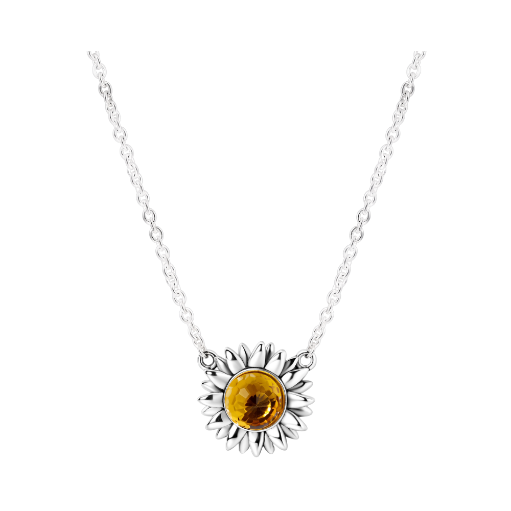 Blooming Sunflower Necklace with silver petals and amber stone on a delicate silver chain.