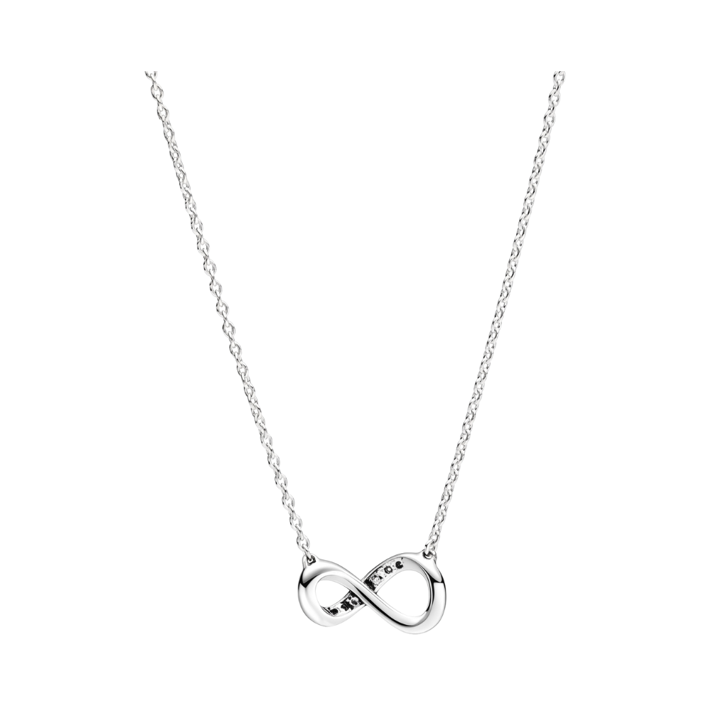 Sparkling Infinity Necklace featuring a polished silver infinity symbol with sparkling stones on a delicate silver chain.