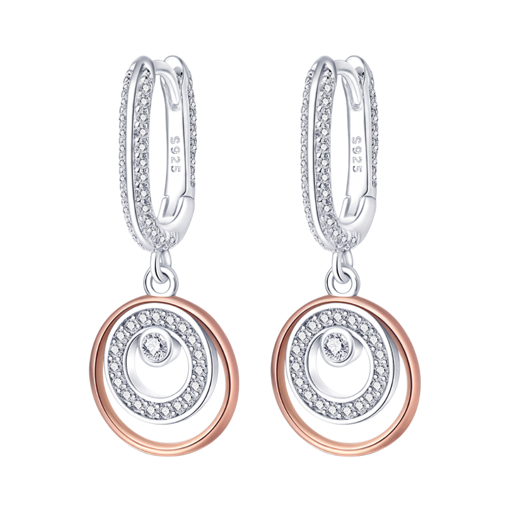 Rose Gold Sparkling Circle Drop Earrings featuring sparkling pavé hoops and a two-tone drop pendant.