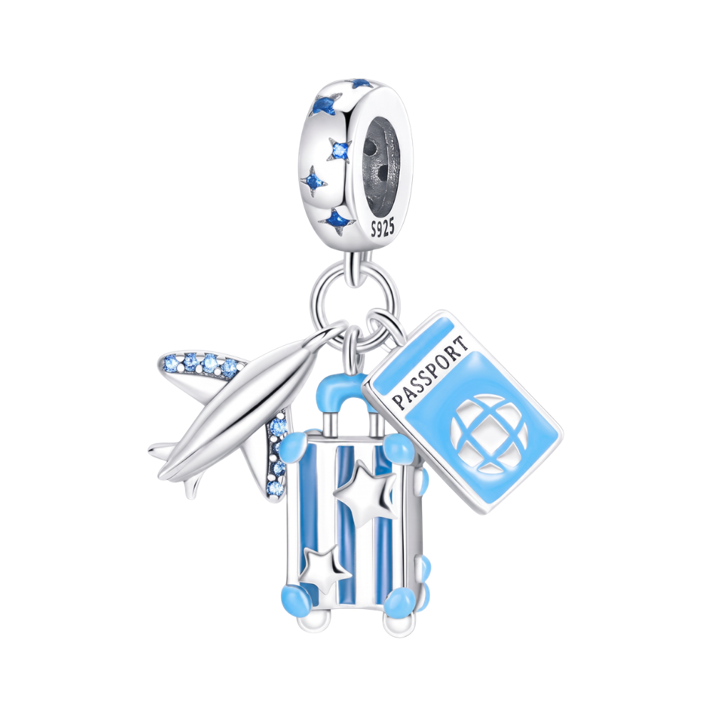 Silver & Blue Travel Adventure Dangle Charm featuring a blue aeroplane, suitcase, and passport.