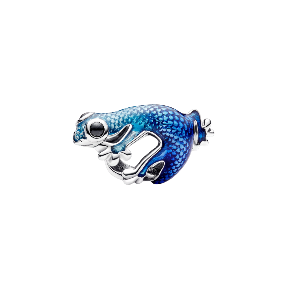 Electric Blue Gecko Charm crafted in vibrant blue enamel with silver detailing and glossy black eyes.