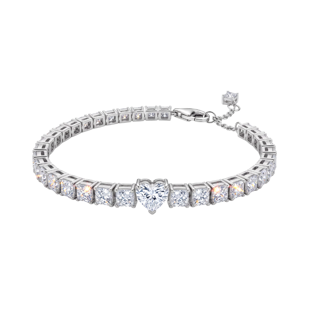 Sparkling Heart Tennis Bracelet featuring princess-cut clear stones and a heart-shaped centerpiece.