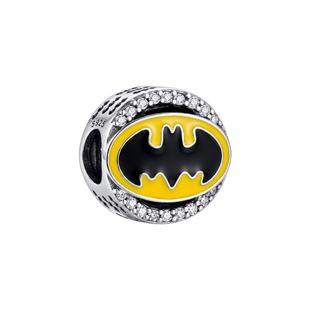 DC Comics Sparkling Batman Logo Charm featuring a bold yellow and black enamel Batman logo with pavé stones.