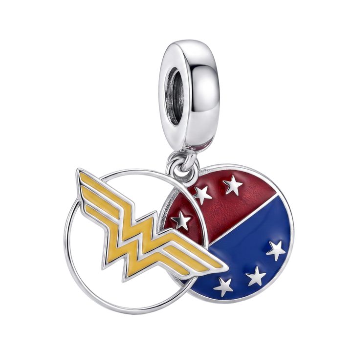 DC Comics Wonder Woman Dangle Charm featuring gold and red enamel design with silver accents.