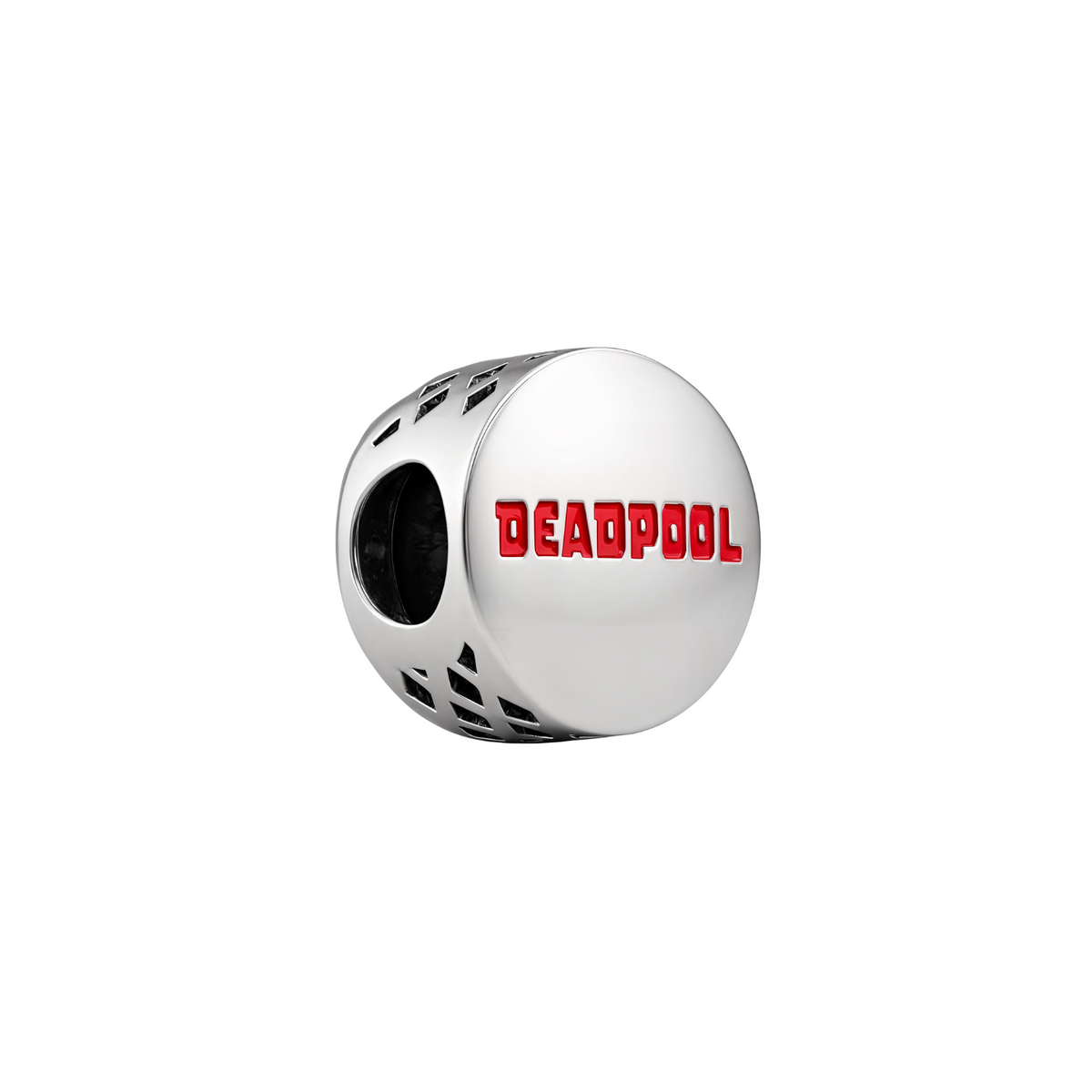 Marvel Deadpool Logo Charm in silver with bold red 'DEADPOOL' lettering, ideal for fans of edgy designs.