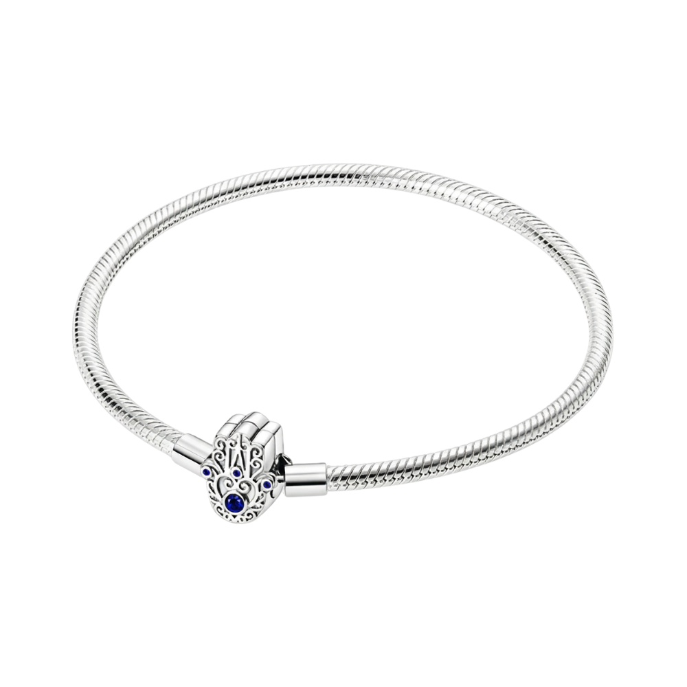 Hamsa Hand Snake Chain Bracelet featuring a delicate design and blue gemstones for spiritual balance and positivity.