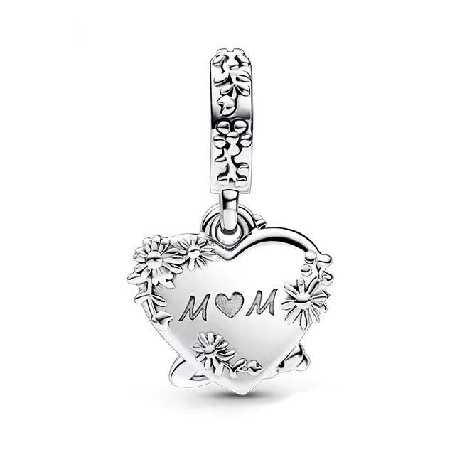 Disney Winnie the Pooh Kanga and Roo Heart Dangle Charm with floral design and 'MOM' engraving.