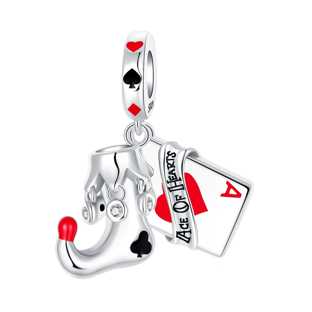 Ace of Hearts Jester Card Dangle Charm featuring a jester hat and Ace of Hearts card, perfect for poker lovers.