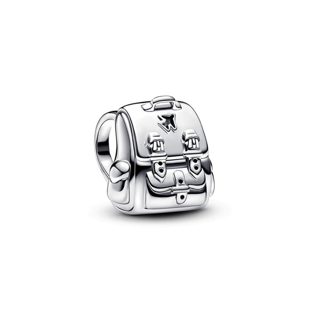 Adventure Awaits Travel Backpack Charm detailed 3D charm with buckles and airplane design.