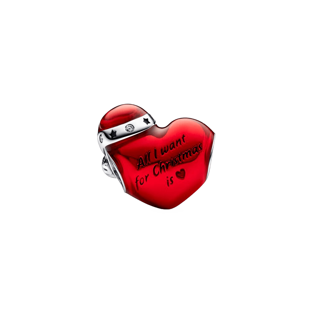 All I Want For Christmas Is Love Heart Charm featuring a deep red heart with engraved text and festive details.
