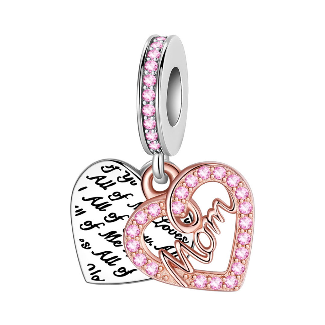 All of Me Loves You Mum Double Heart Dangle Charm featuring rose gold and pink pavé stones.