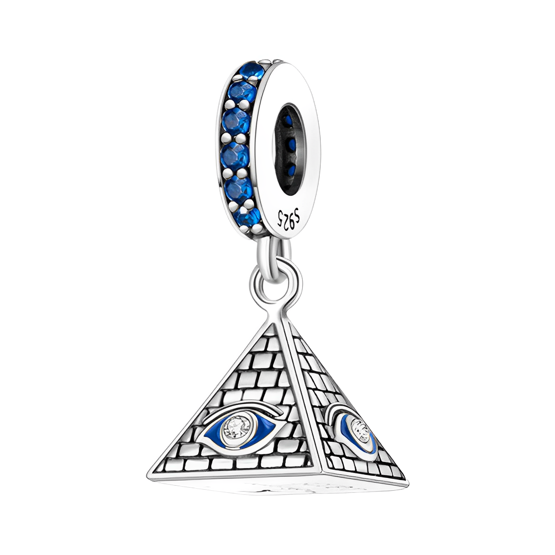 All Seeing Eye Egyptian Pyramid Dangle Charm with blue enamel eyes and sparkling stone bail.