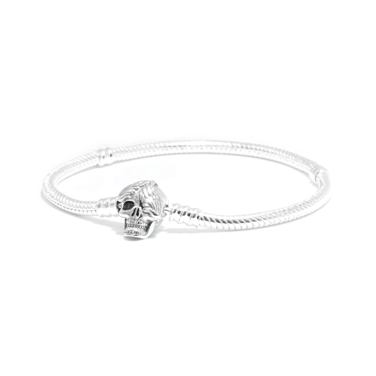 Angel Wing Skull Snake Chain Bracelet ( DISCONTINUED) with silver skull clasp and sleek snake chain design.
