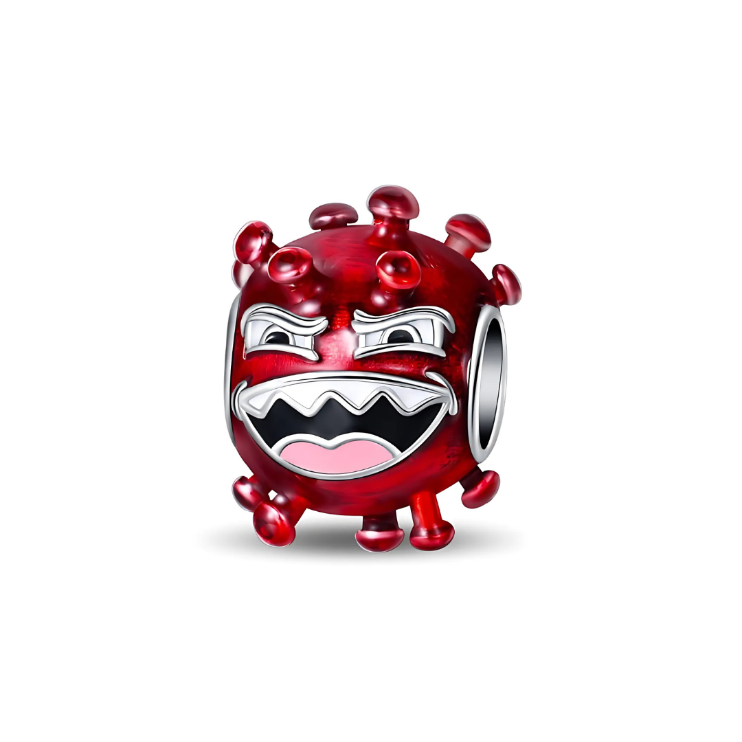 Angry Little Germ Red Virus Charm featuring a grumpy red virus with spiky protrusions and an expressive face.