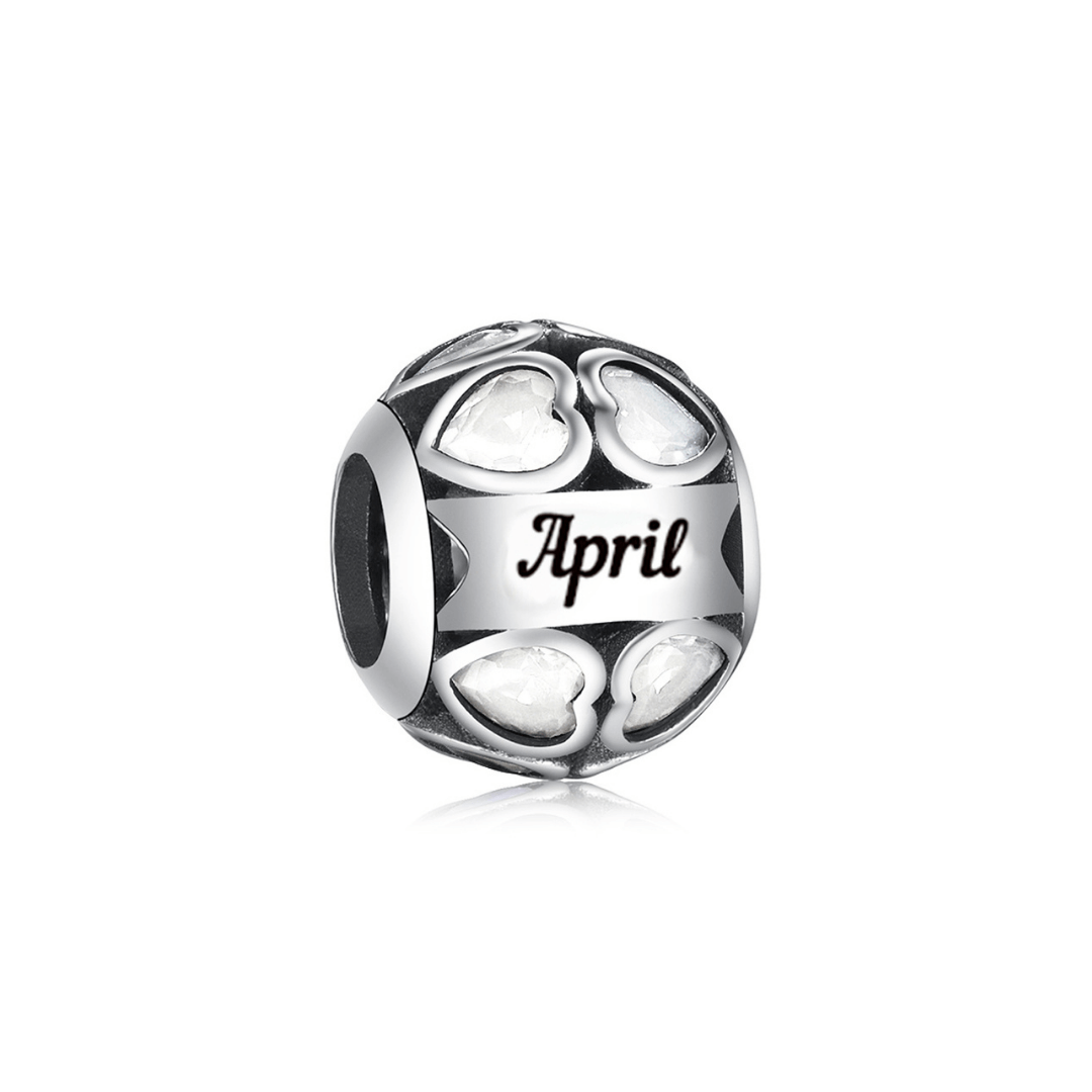 April Birthstone Heart Charm featuring heart-shaped design and April inscription, perfect for April birthdays.