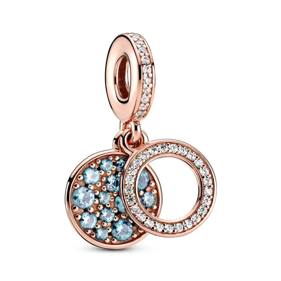 Aqua Rose Gold Sparkling Double Circle Dangle Charm ( discontinued ) featuring aqua pavé stones and clear sparkling edges.