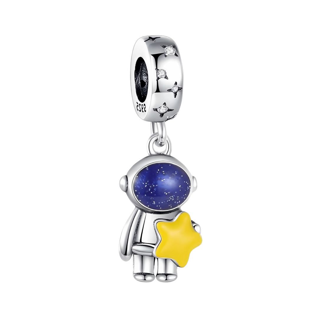 Astronaut And Yellow Star Dangle Charm ( DISCONTINUED) featuring a galaxy helmet and yellow star.