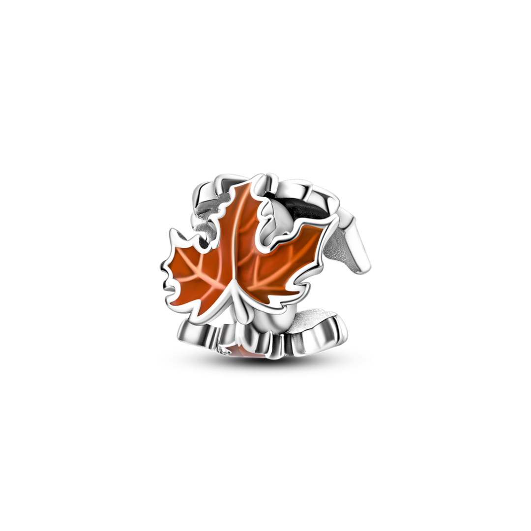 Autumn Maple Leaf Spacer Charm in rich burnt orange and silver detailing, perfect for adding seasonal warmth.