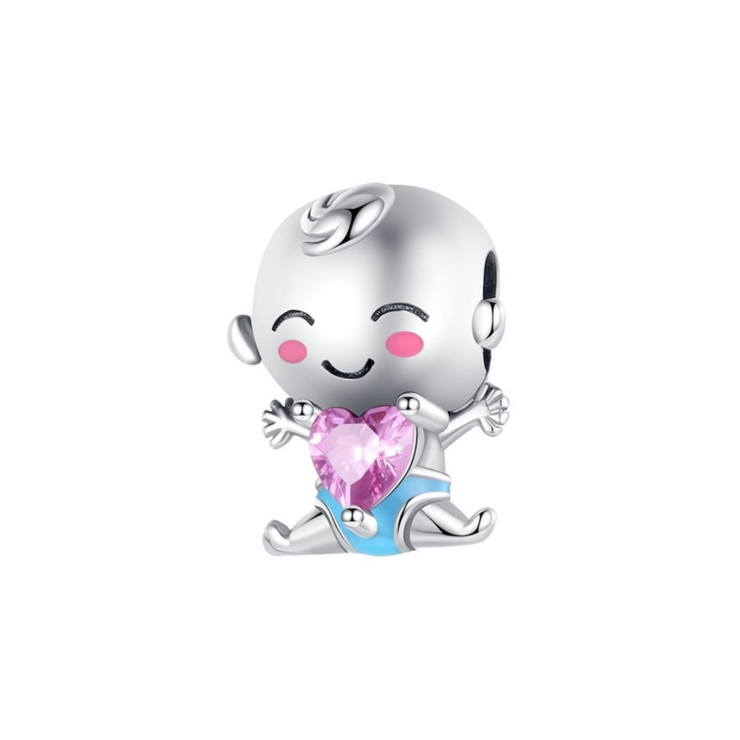 Baby Boy Heart Charm ( DISCONTINUED) - Sterling silver baby holding a pink heart-shaped zircon.