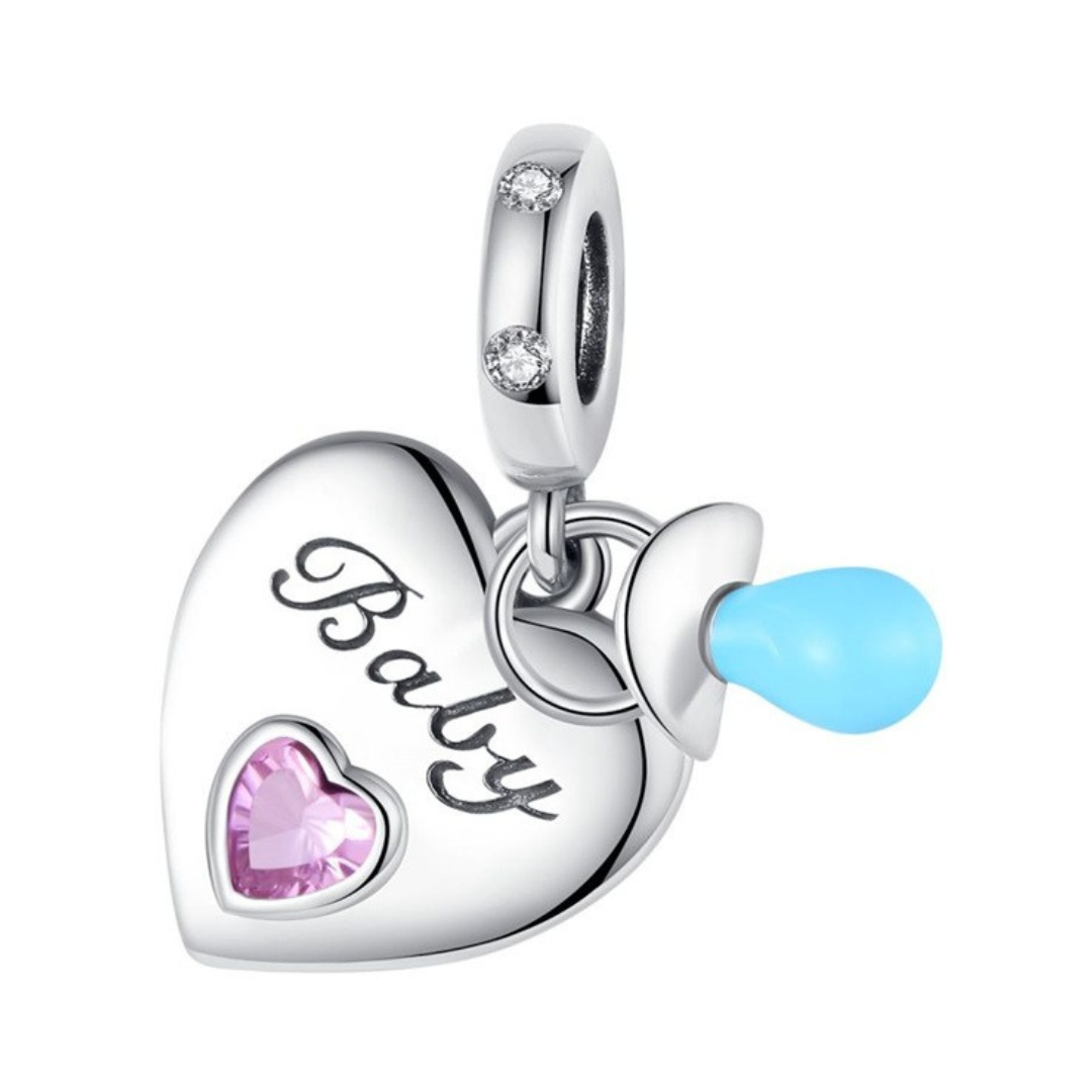 Baby Love Heart & Dummy Dangle Charm featuring a silver heart engraved with 'Baby' and a blue dummy.