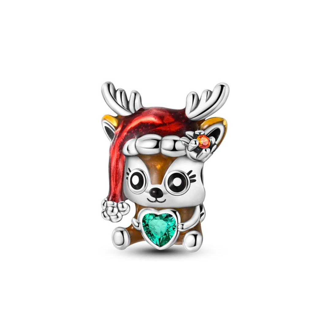 Cute baby reindeer charm with a green heart, red Santa hat, and silver antlers - Baby Reindeer Green Heart Christmas Charm.