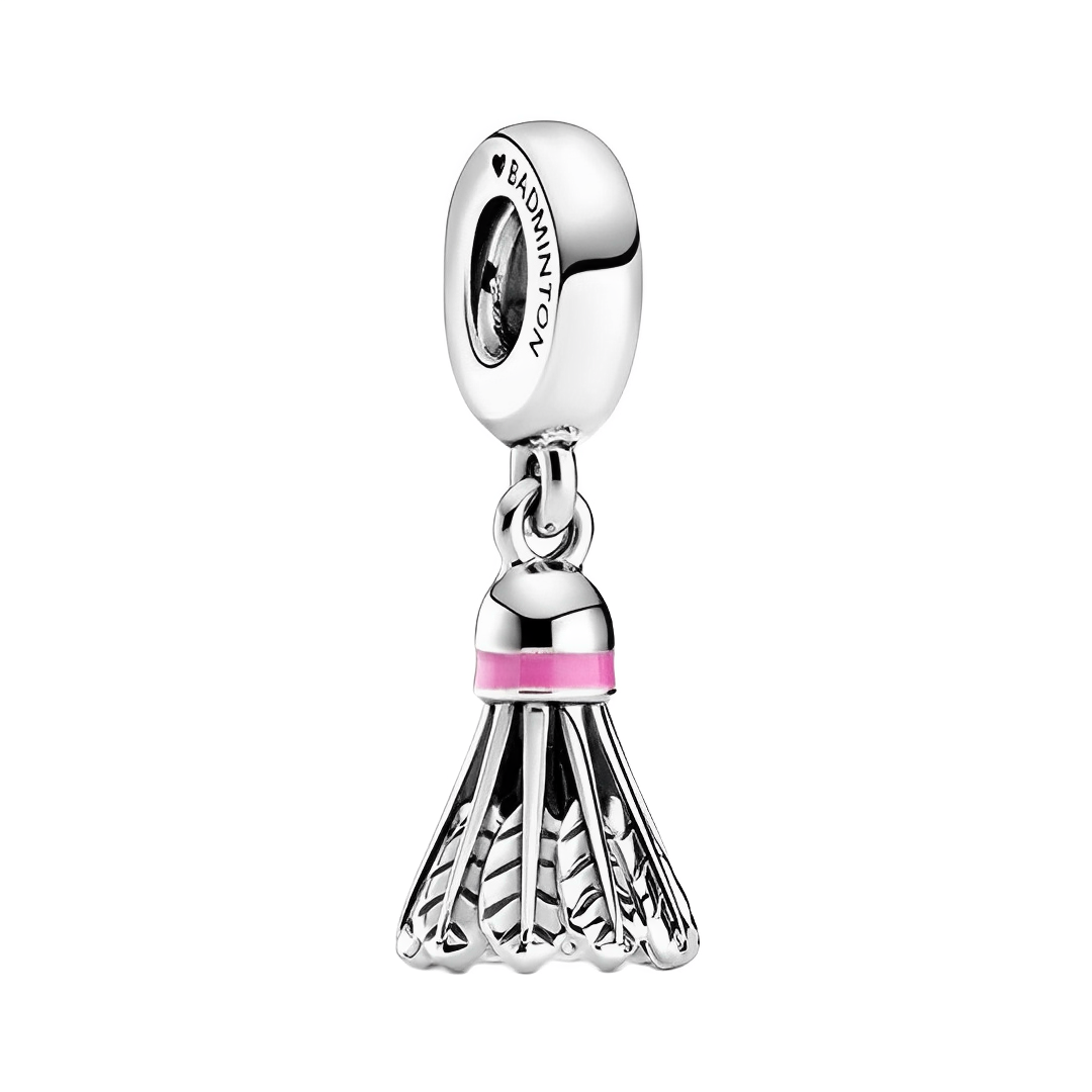 Badminton Shuttlecock Dangle Charm with pink band and engraved clip bead, perfect for badminton lovers.