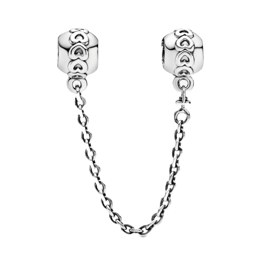 Band of Hearts Safety Chain with heart-embossed clips and fine link design, elegant and secure for charm bracelets.