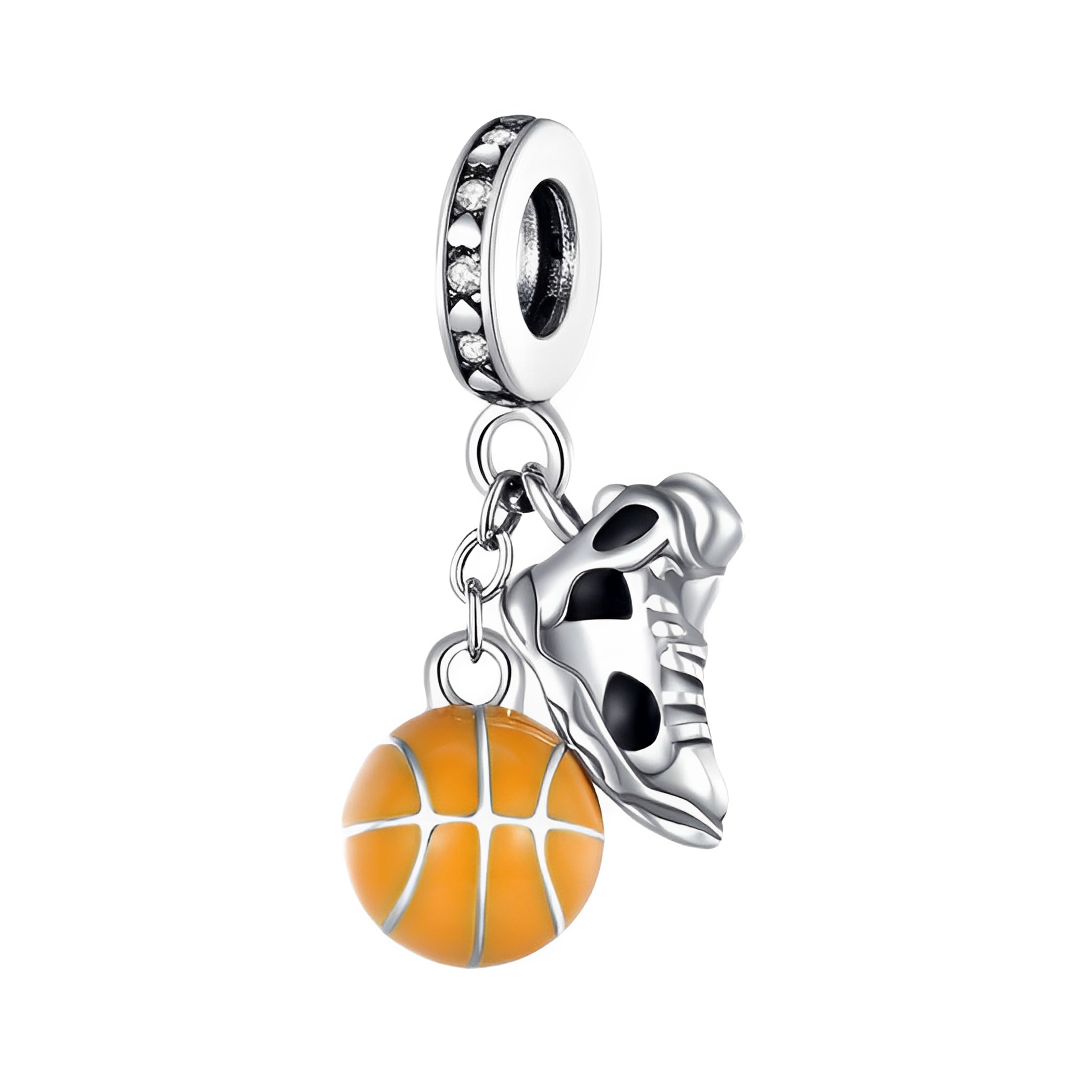 Ball and Sneaker Basketball Dangle Charm featuring an orange basketball and silver sneaker design.