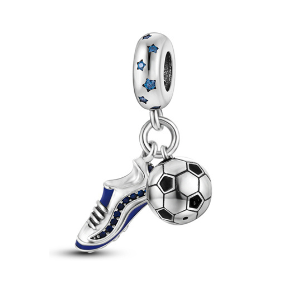 Beautiful Game Football Boot & Ball Dangle Charm featuring a blue football boot and classic black and white football.