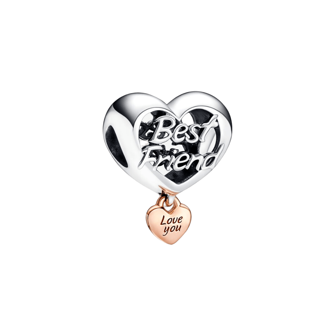 Best Friend Love You Heart Charm featuring a silver heart with 'Best Friend' script and a rose gold 'Love you' dangle.