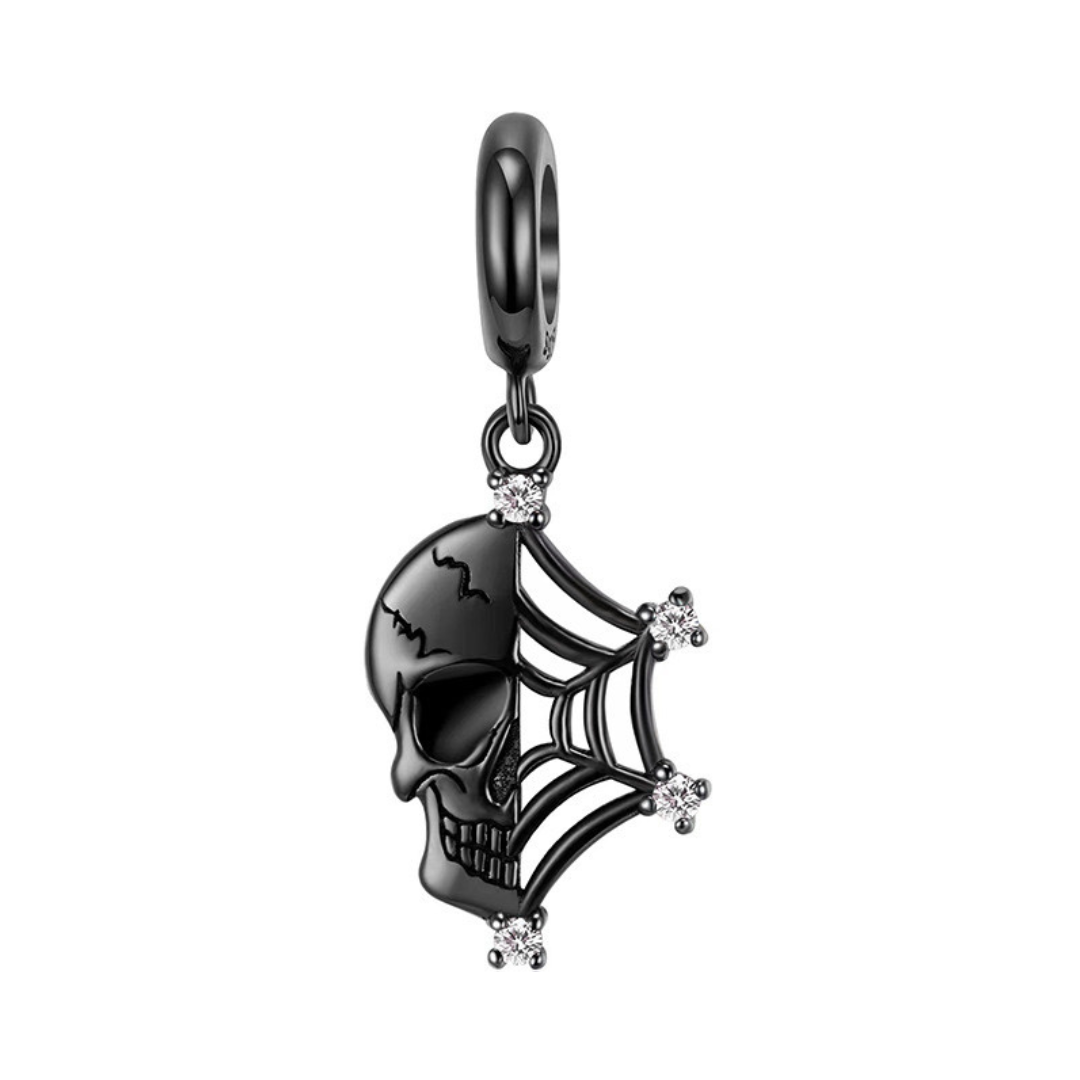 Black Skull Spiderweb Dangle Charm featuring a matte black skull and spiderweb design with sparkling stones.