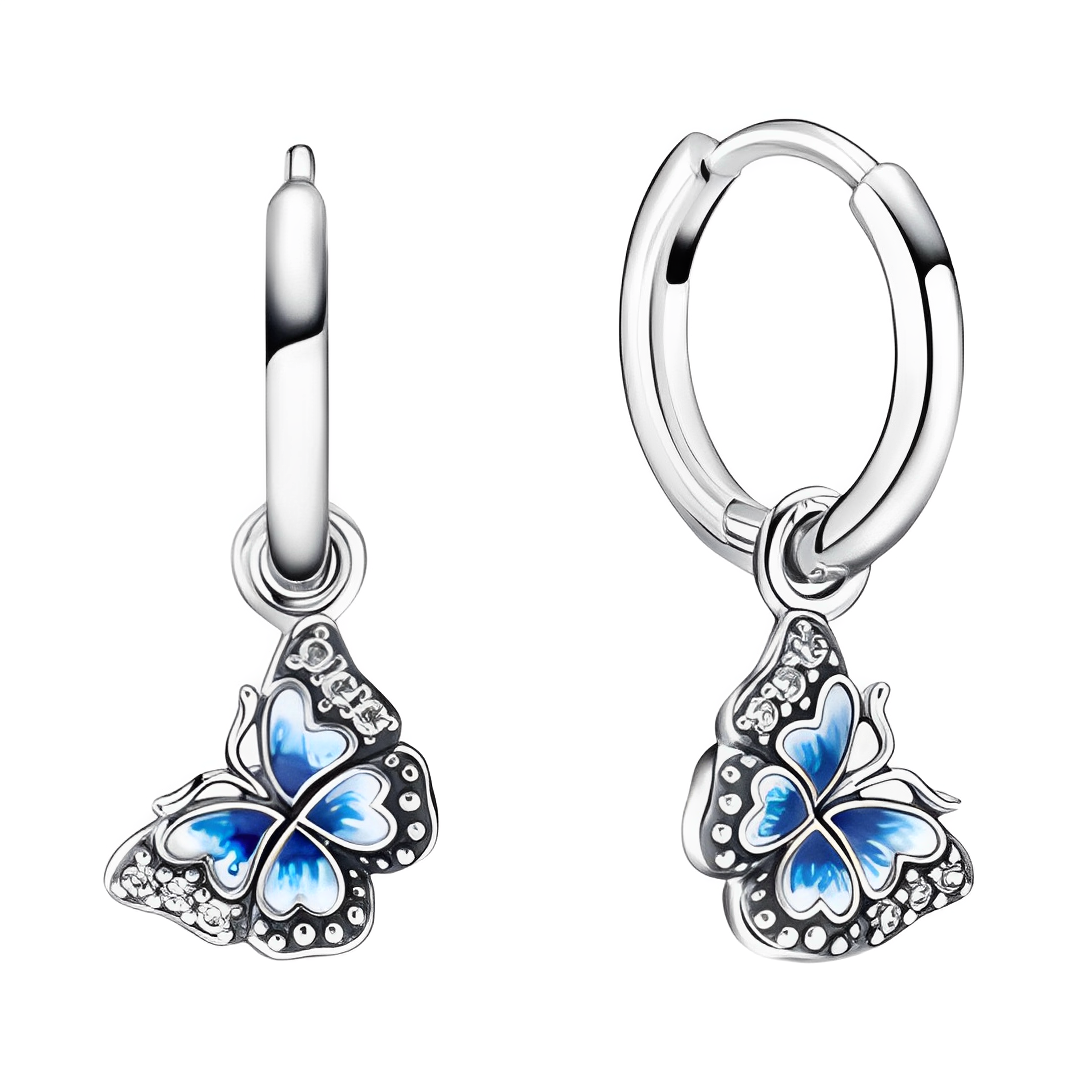 Blue Butterfly Dangle Earrings featuring silver hoops and vibrant blue butterfly charms, symbolizing transformation.
