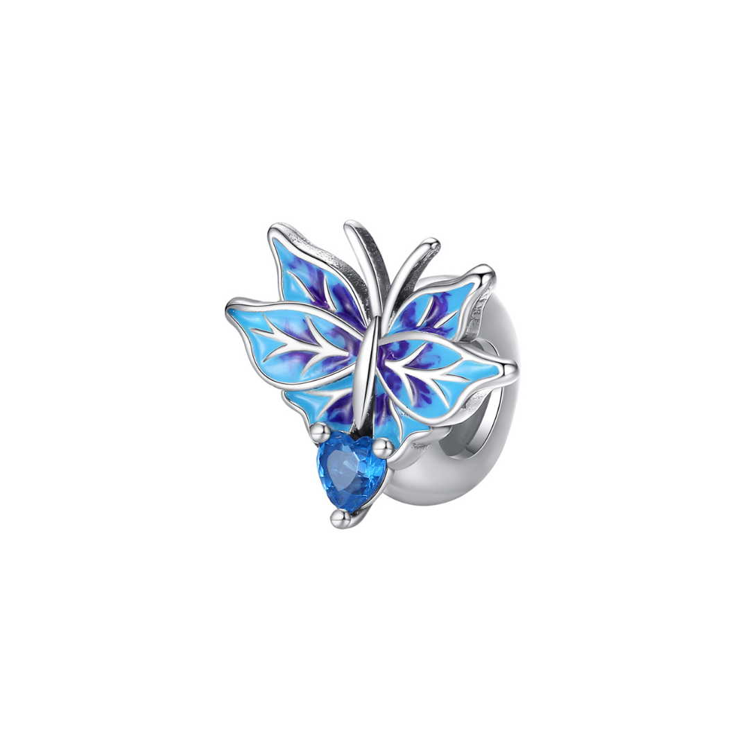 Blue Butterfly Heart Crystal Spacer Charm with blue and purple enamel wings and a heart crystal.