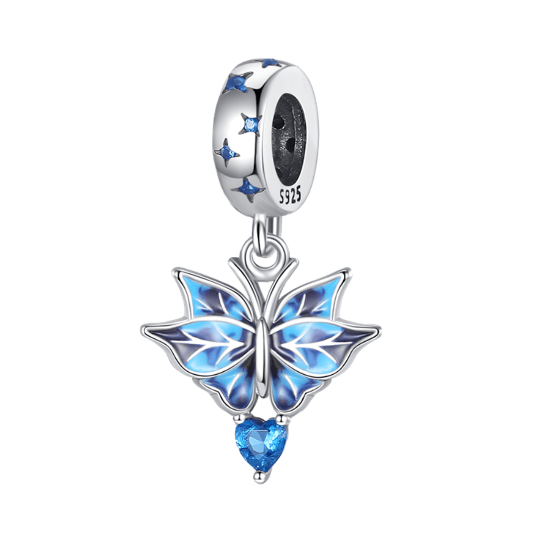 Blue Butterfly Wings Dangle Charm showcasing delicate blue wings and heart-shaped charm below.
