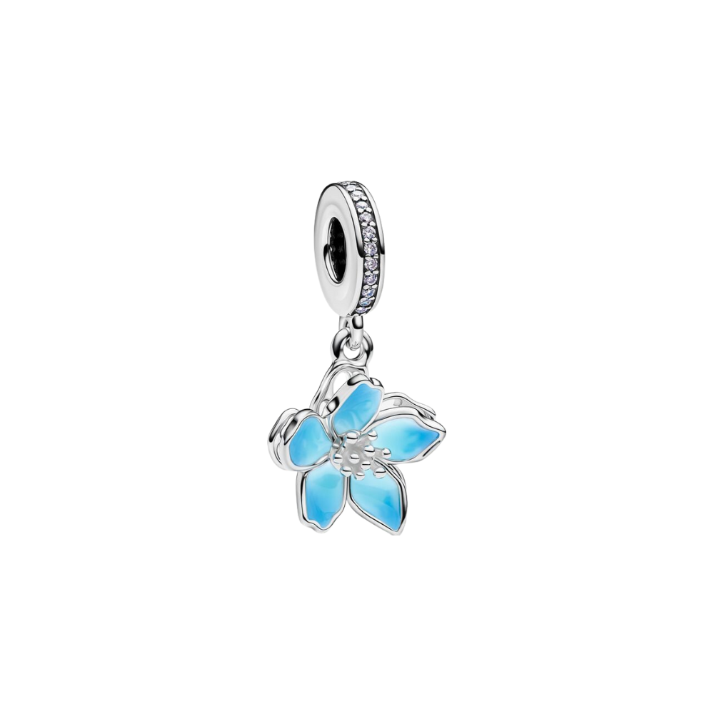 Blue Cherry Blossom Dangle Charm featuring a delicate blue floral design on a silver charm.