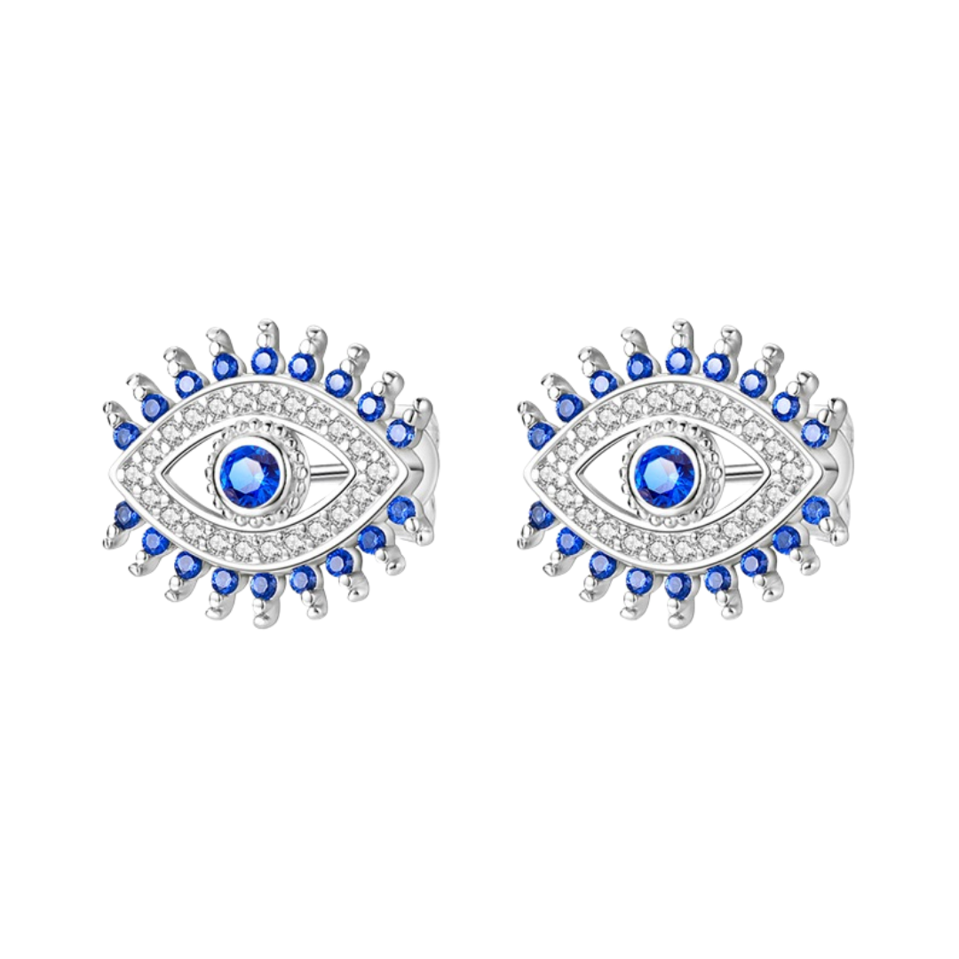 Blue Evil Eye Stud Earrings featuring vibrant blue stones and intricate silver design, ideal for daily wear.