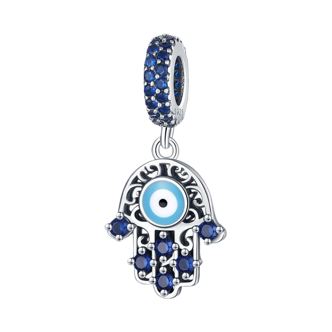 Blue Filigree Hamsa Evil Eye Dangle Charm featuring intricate silver and blue enamel details.